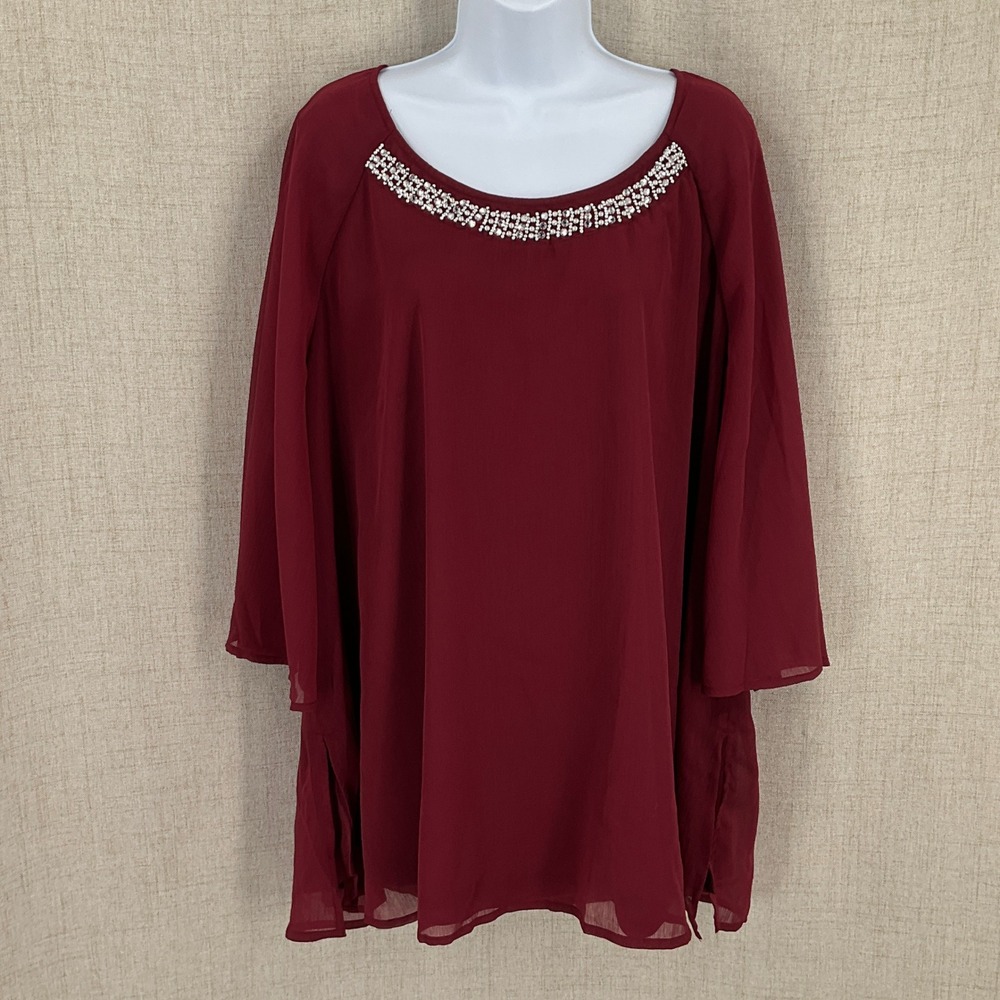 Catherines Blouse Womens 1XWP Burgundy Rhinestone Bell Sleeve Cocktail Top